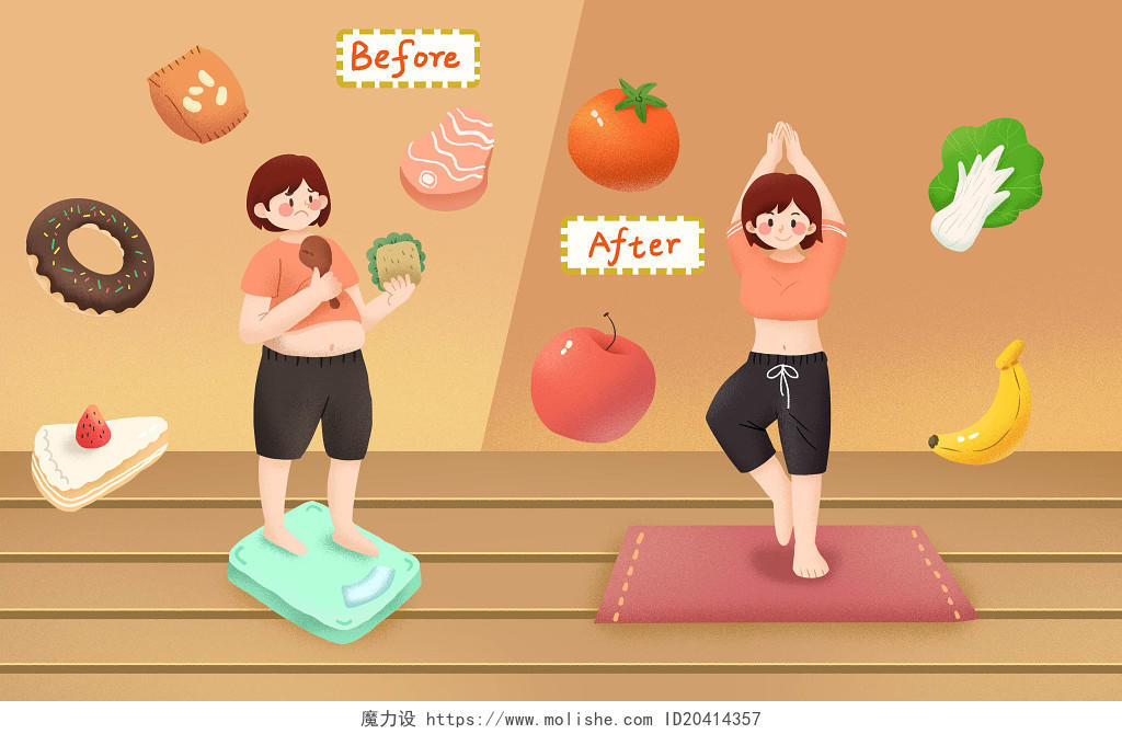 全民健身日手绘卡通健康减肥节食运动减肥前后对比图减肥原创插画海报素材